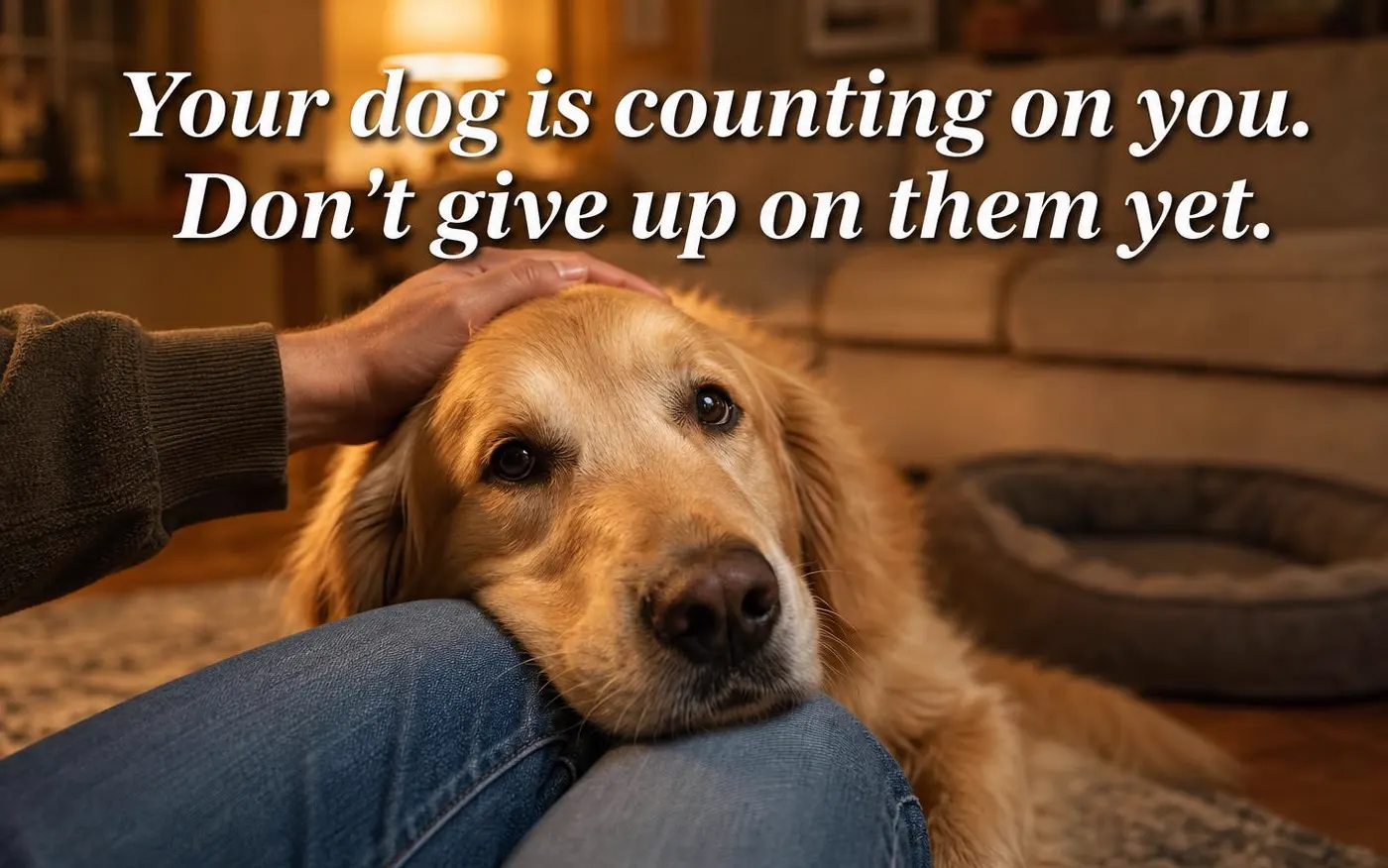 A dog resting its head on its owner's knee