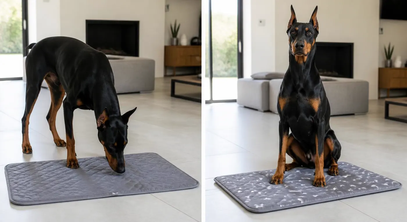 Side by side: a dog ignoring a plain pad, and the same dog settling on a HappyPaw pad