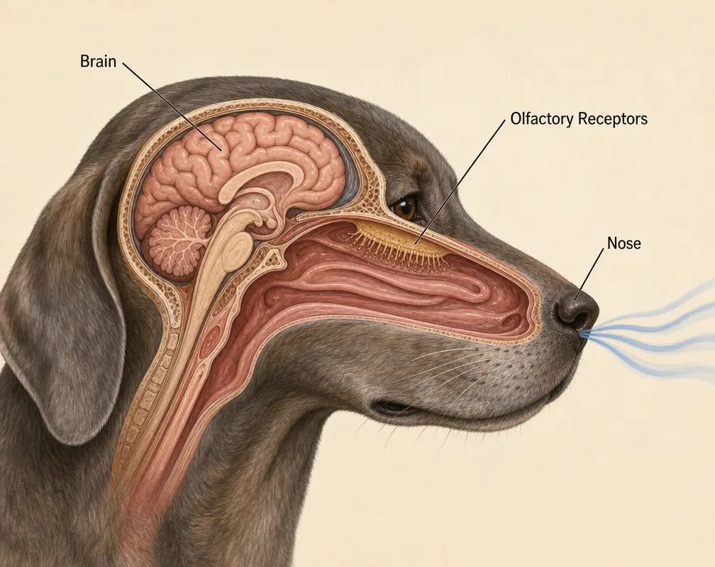 Diagram of a dog's nose and scent-processing brain regions