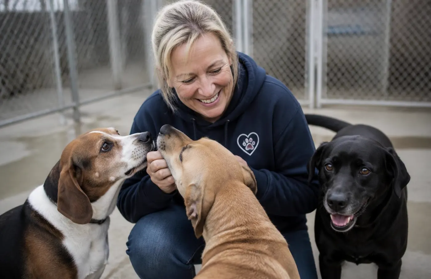 Sarah sitting on the floor of an animal shelter surrounded by dogs