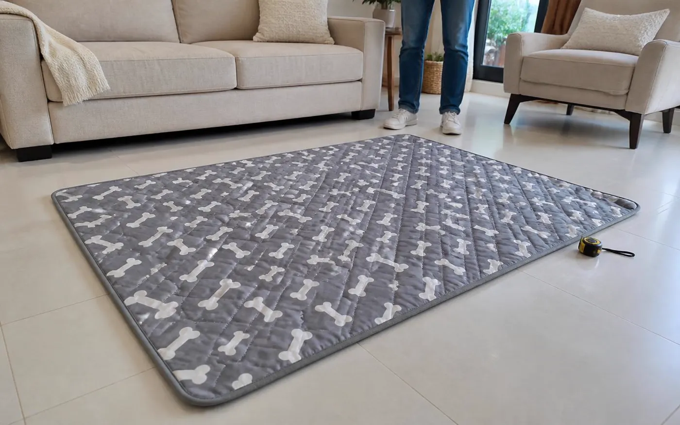 The HappyPaw pad laid out on a living room floor