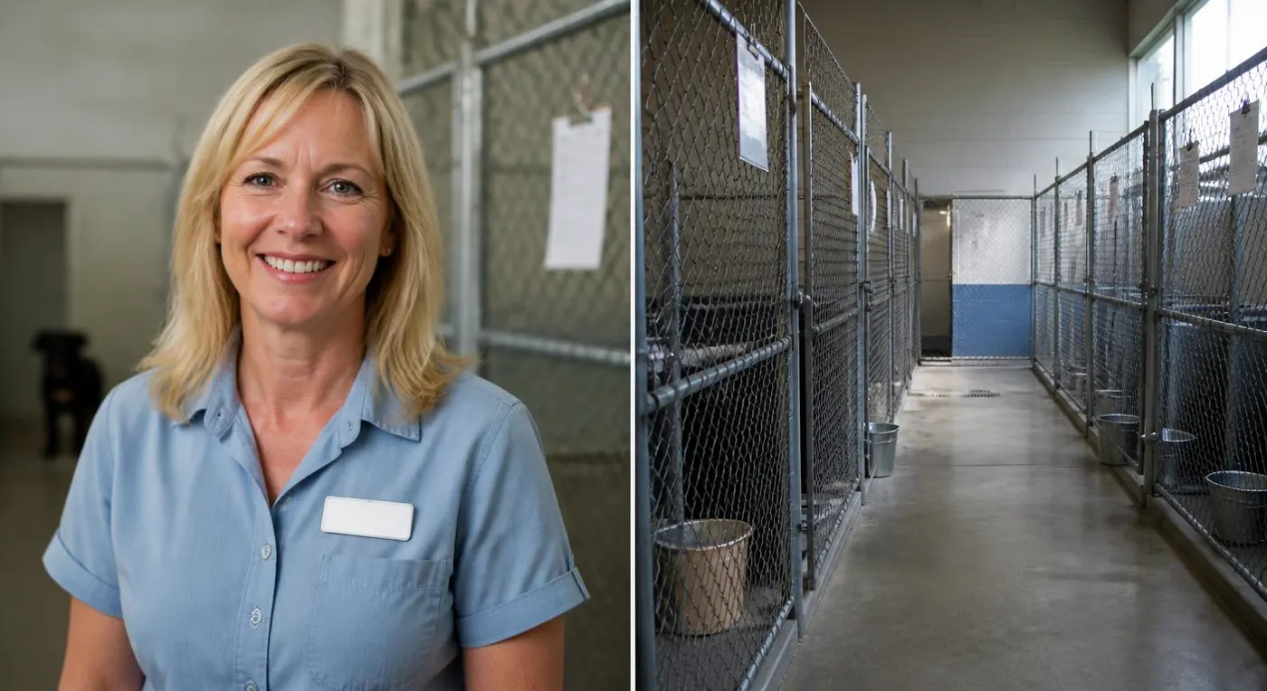 Sarah walking a row of empty shelter kennels