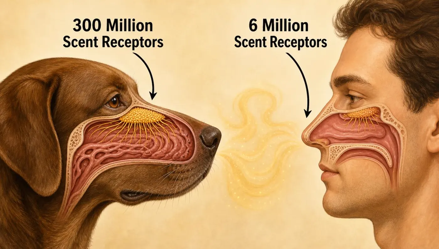 Infographic comparing the scent receptors of a dog and a human