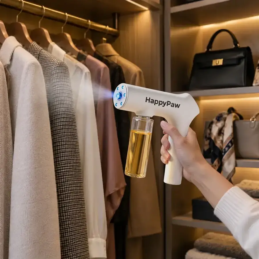 HappyPaw device misting coats and clothes hanging in a wardrobe