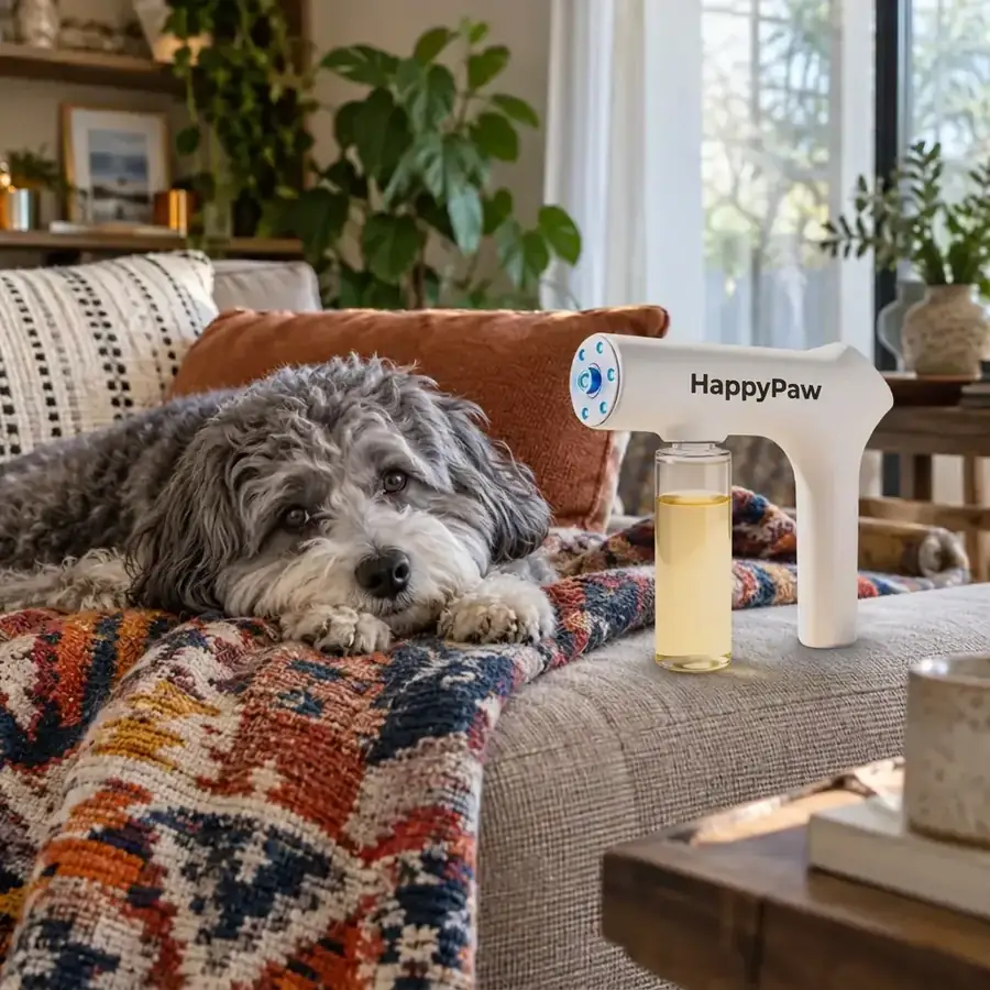 Dog relaxing on a couch while the HappyPaw device mists the fabric