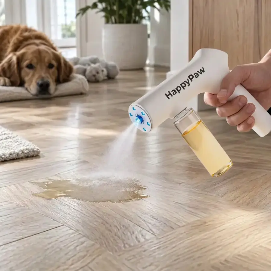 HappyPaw nano mist device spraying a pet stain on a wood floor with blue light