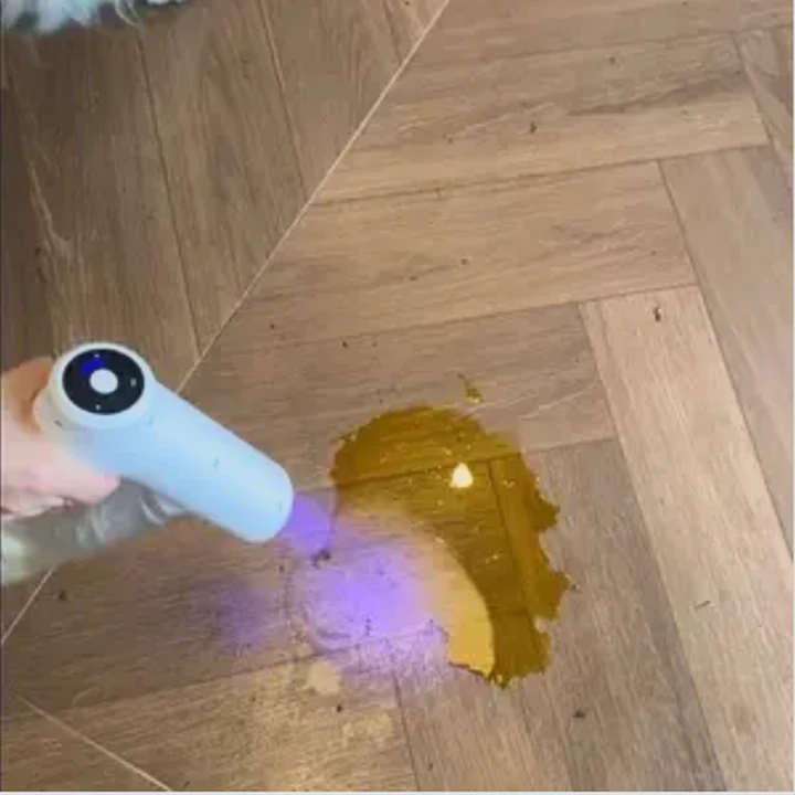 HappyPaw deodorizer using its blue light on a pet accident